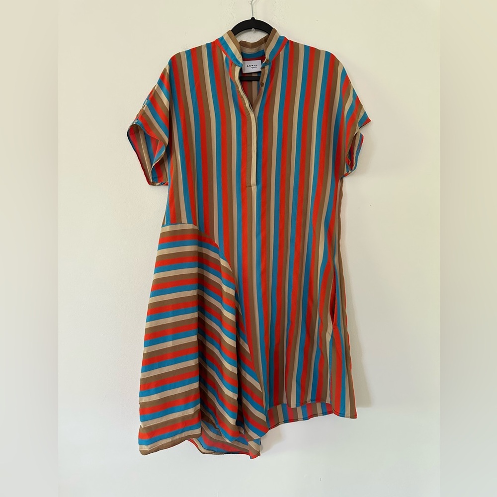 Akris Punto Striped Shift Dress Multicolor Short Sleeve Mini Modern Brown Blue